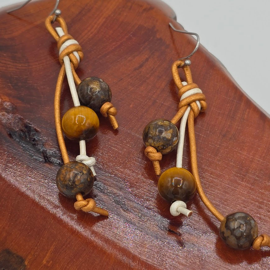 Two-Tone Leather Earrings with Boulder Opal and Tiger's Eye on Stainless Steel Ear Wires