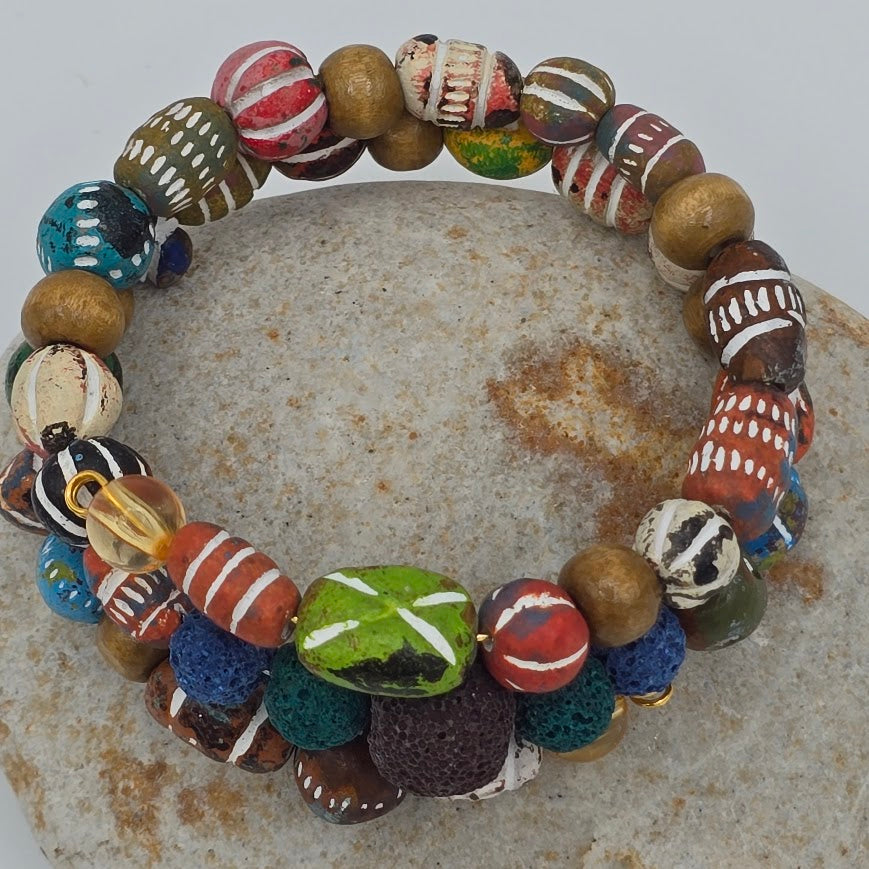 Handmade Jewelry; Memory Wire Bracelet with Vibrant Clay Beads and Lava Beads; Tina Lucas; The Cool Collective; Woman-Owned Small Business