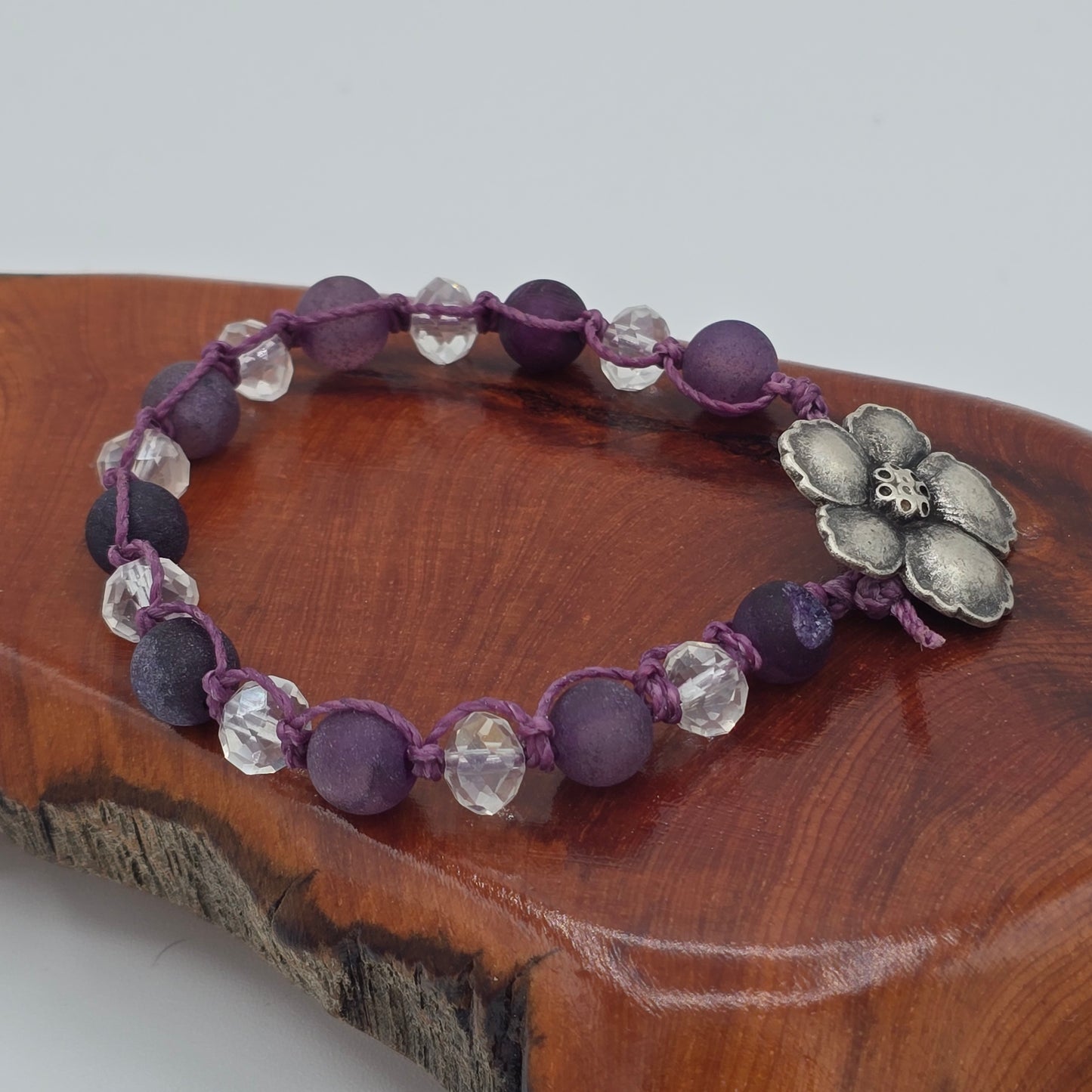 Hand-Knotted Purple Druzy Quartz Bracelet With Dogwood Bloom Button Closure