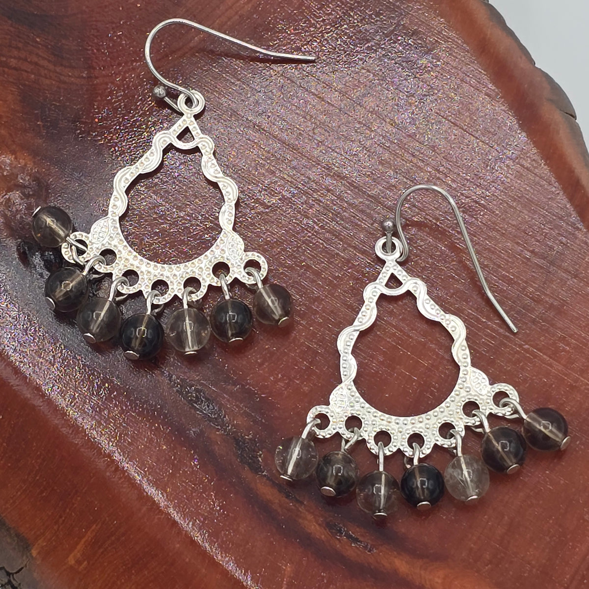 Smoky Quartz Rounds on Silver Tone Chandeliers
