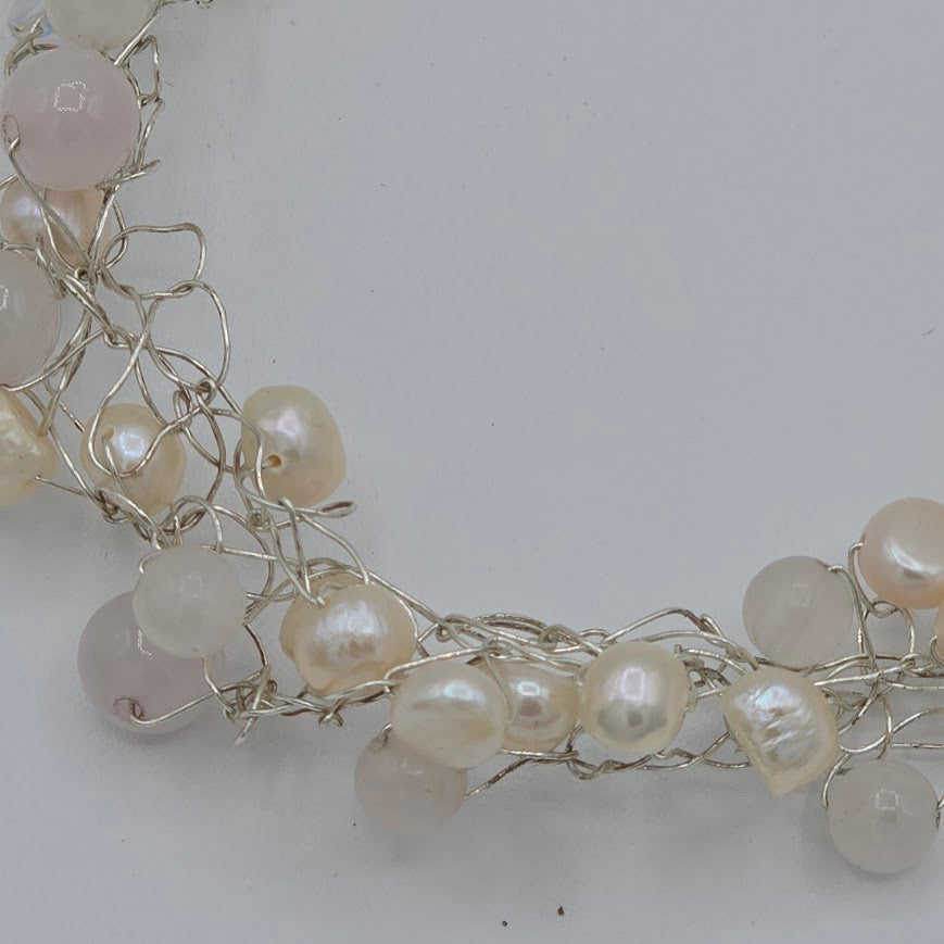 Beautiful Wire Crocheted Rose Quartz, Pearls, and Swarovski Crystals Necklace