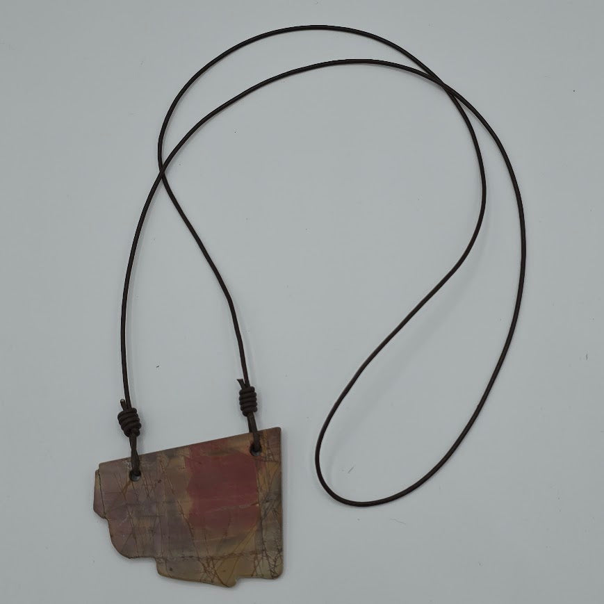 Earthy Red Creek Jasper Slab on Dark Brown Leather Cord