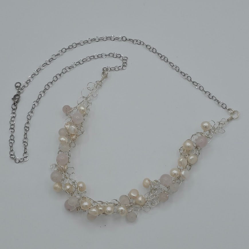 Beautiful Wire Crocheted Rose Quartz, Pearls, and Swarovski Crystals Necklace