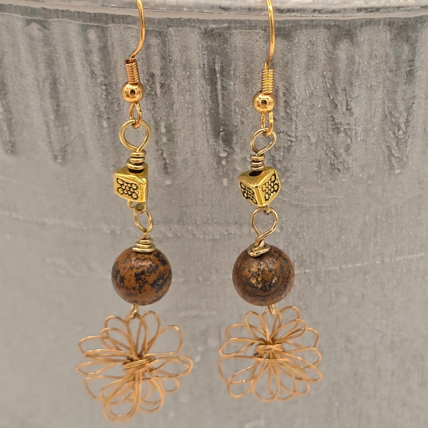 Gold Tone Flower Earrings With Picture Jasper and Gold Tone Accents & Ear Wires