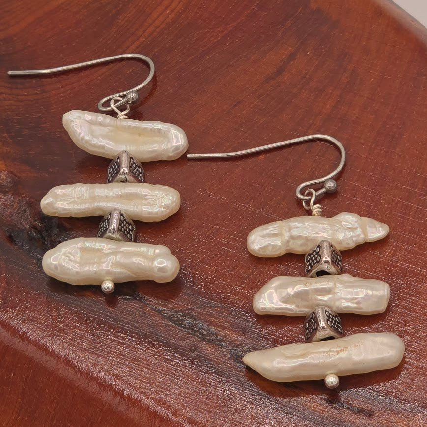 White Biwa Stick Pearls With Silver Tone Accents and Stainless Steel Ear Wires