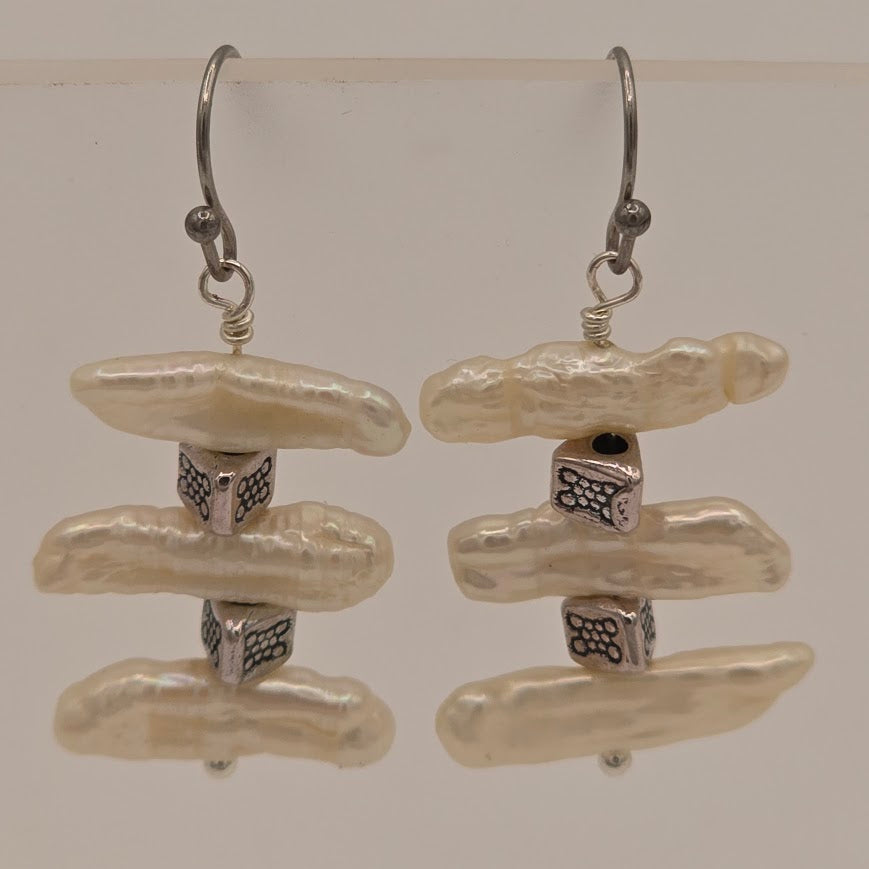 White Biwa Stick Pearls With Silver Tone Accents and Stainless Steel Ear Wires