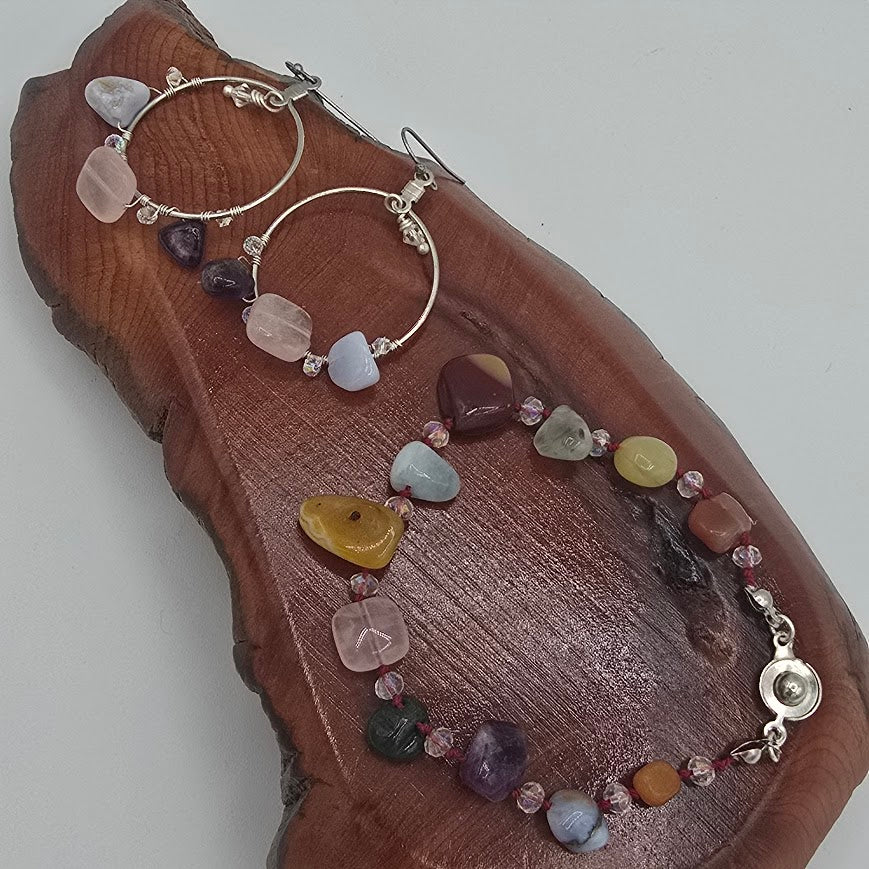 Hand-Knotted Multi-Gem and Crystals Necklace, Bracelet, and Earrings SET