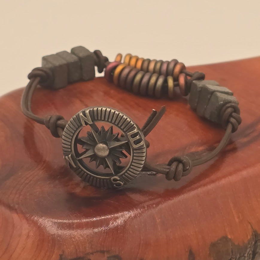 Leather Bracelet With Czech Glass & Fool's Gold/Pyrite Beads