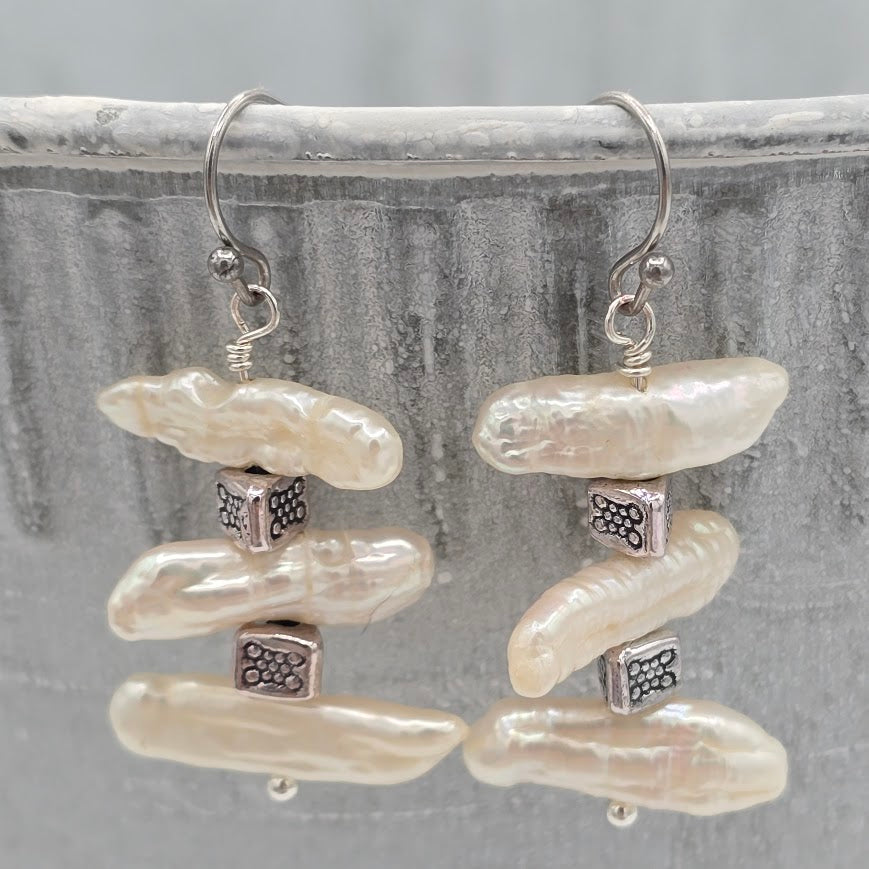 White Biwa Stick Pearls With Silver Tone Accents and Stainless Steel Ear Wires