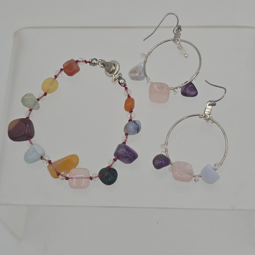 Hand-Knotted Multi-Gem and Crystals Necklace, Bracelet, and Earrings SET