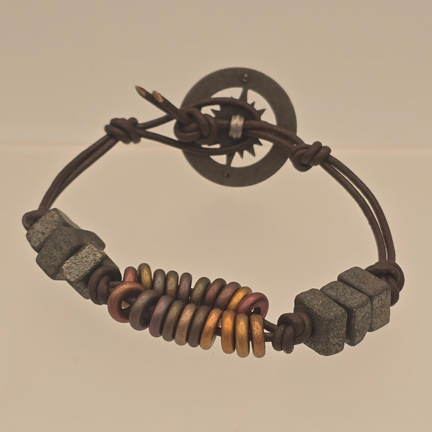 Leather Bracelet With Czech Glass & Fool's Gold/Pyrite Beads