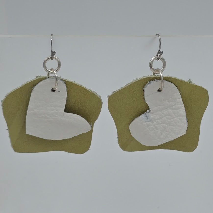 White Hearts & Unique Lime Pattern Leather on Stainless Steel Ear Wires