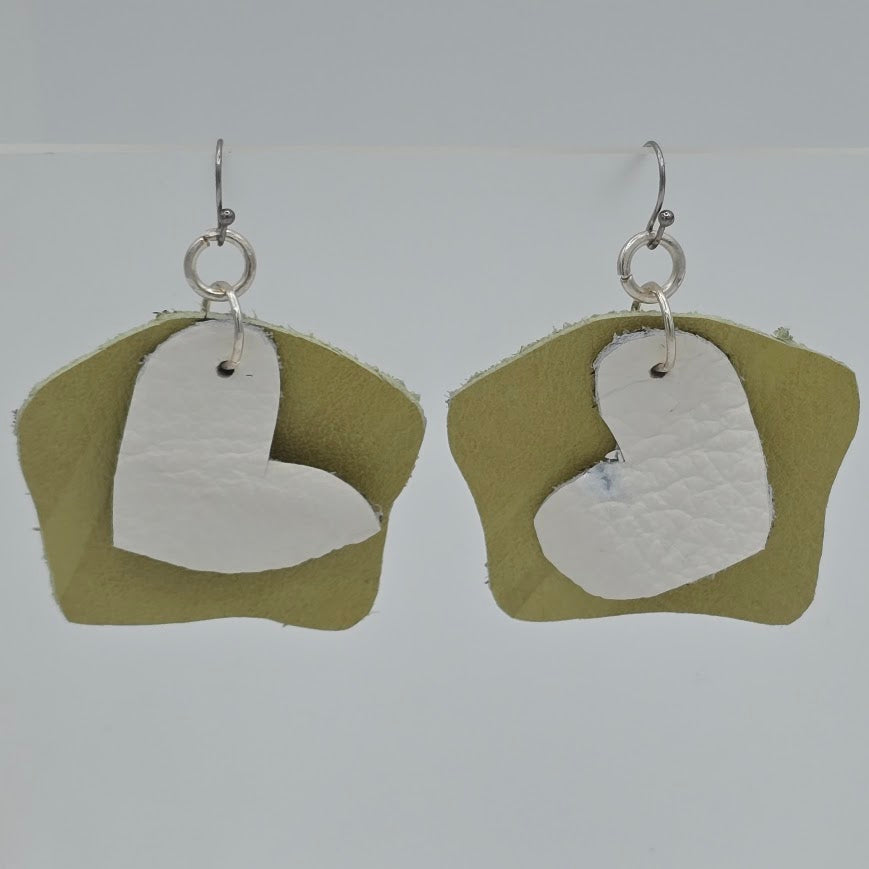 White Hearts & Unique Lime Pattern Leather on Stainless Steel Ear Wires