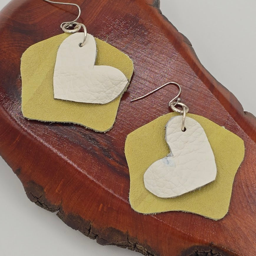 White Hearts & Unique Lime Pattern Leather on Stainless Steel Ear Wires