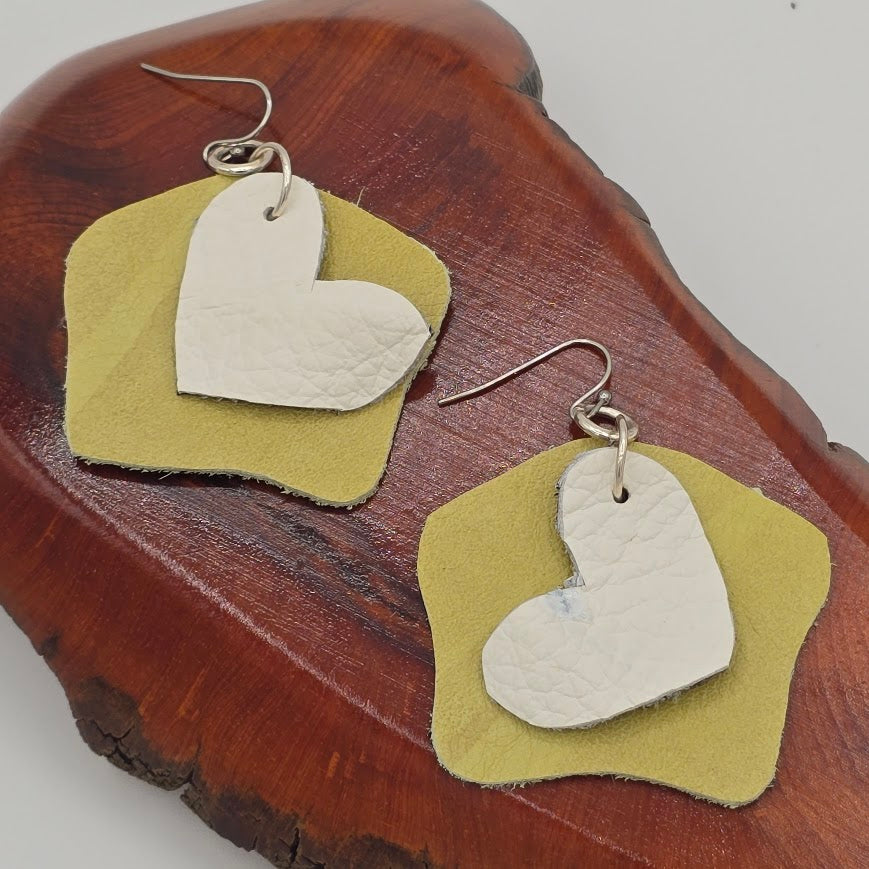 White Hearts & Unique Lime Pattern Leather on Stainless Steel Ear Wires