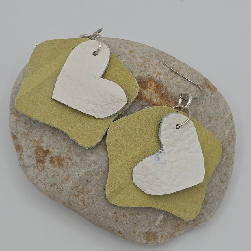 White Hearts & Unique Lime Pattern Leather on Stainless Steel Ear Wires