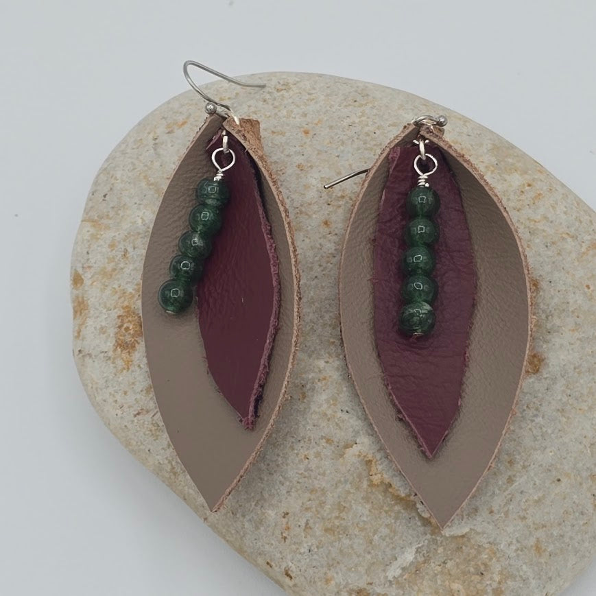 Taupe & Maroon Leaves With Green Aventurine Beads on Stainless Steel Ear Wires