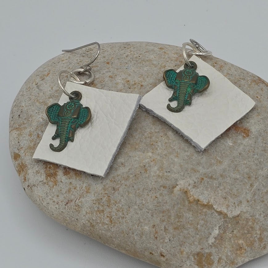White Diamond-Shaped Leather With Green Patina Elephant on Stainless Steel Ear Wires
