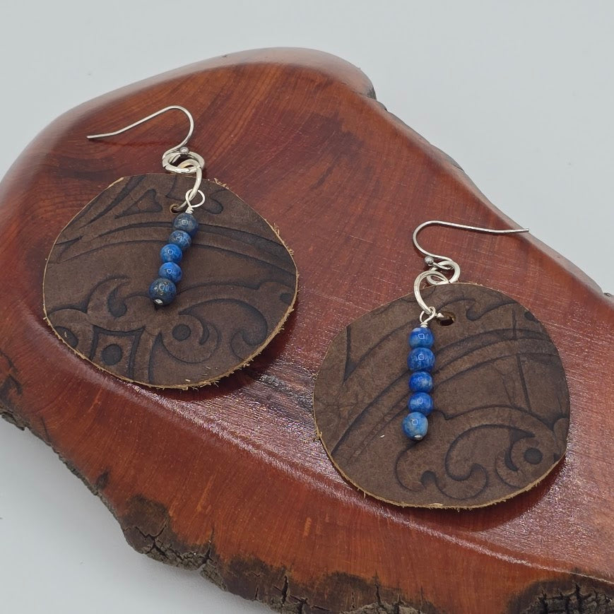 Brown Print Leather With Sodalite on Stainless Steel Ear Wires