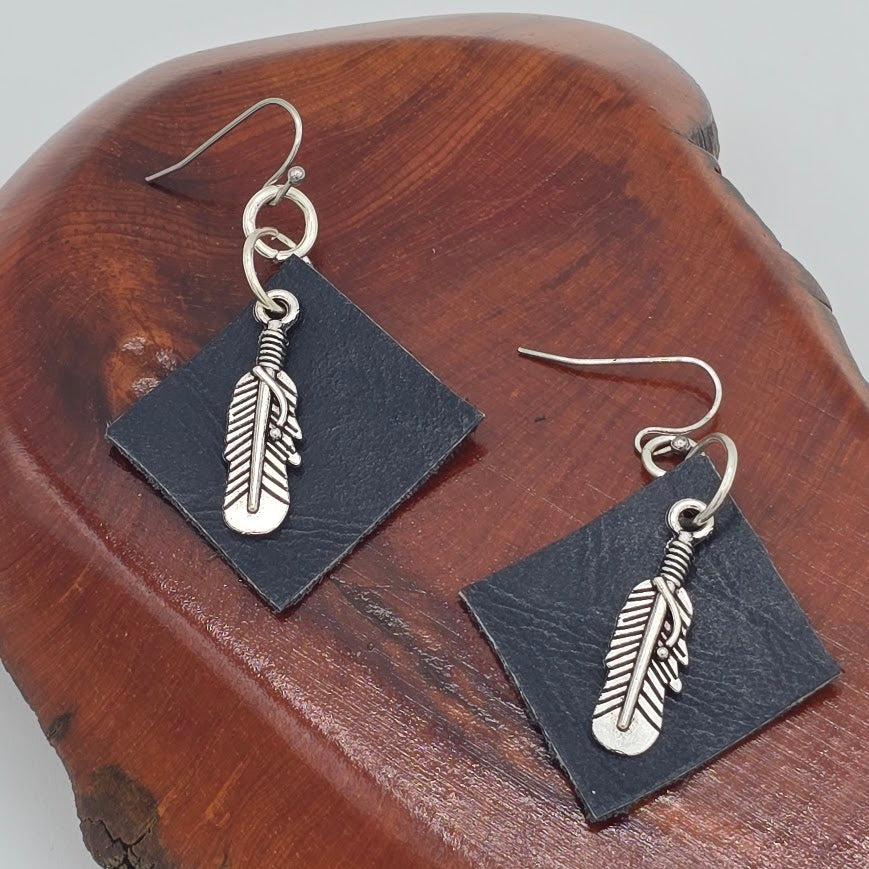 Blue Diamond-Shaped Leather and Silver Tone Feather on Stainless Steel Ear Wires