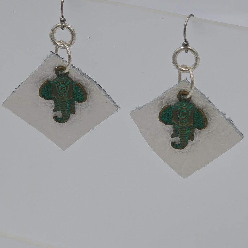 White Diamond-Shaped Leather With Green Patina Elephant on Stainless Steel Ear Wires