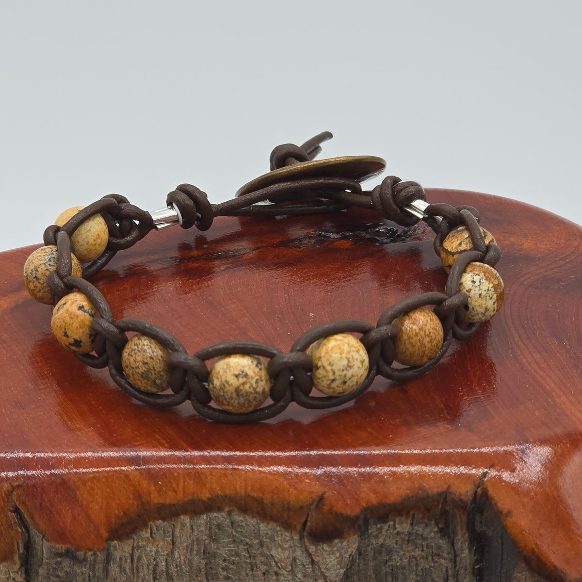 Picture Jasper & Dark Brown Leather Macrame With Nautical Button