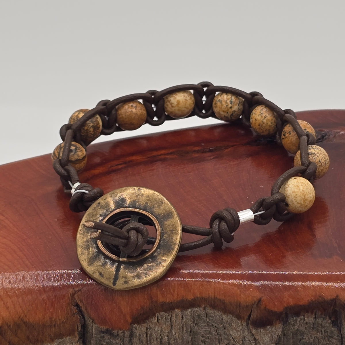Picture Jasper & Dark Brown Leather Macrame With Nautical Button