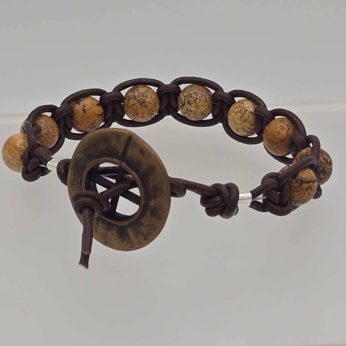 Picture Jasper & Dark Brown Leather Macrame With Nautical Button