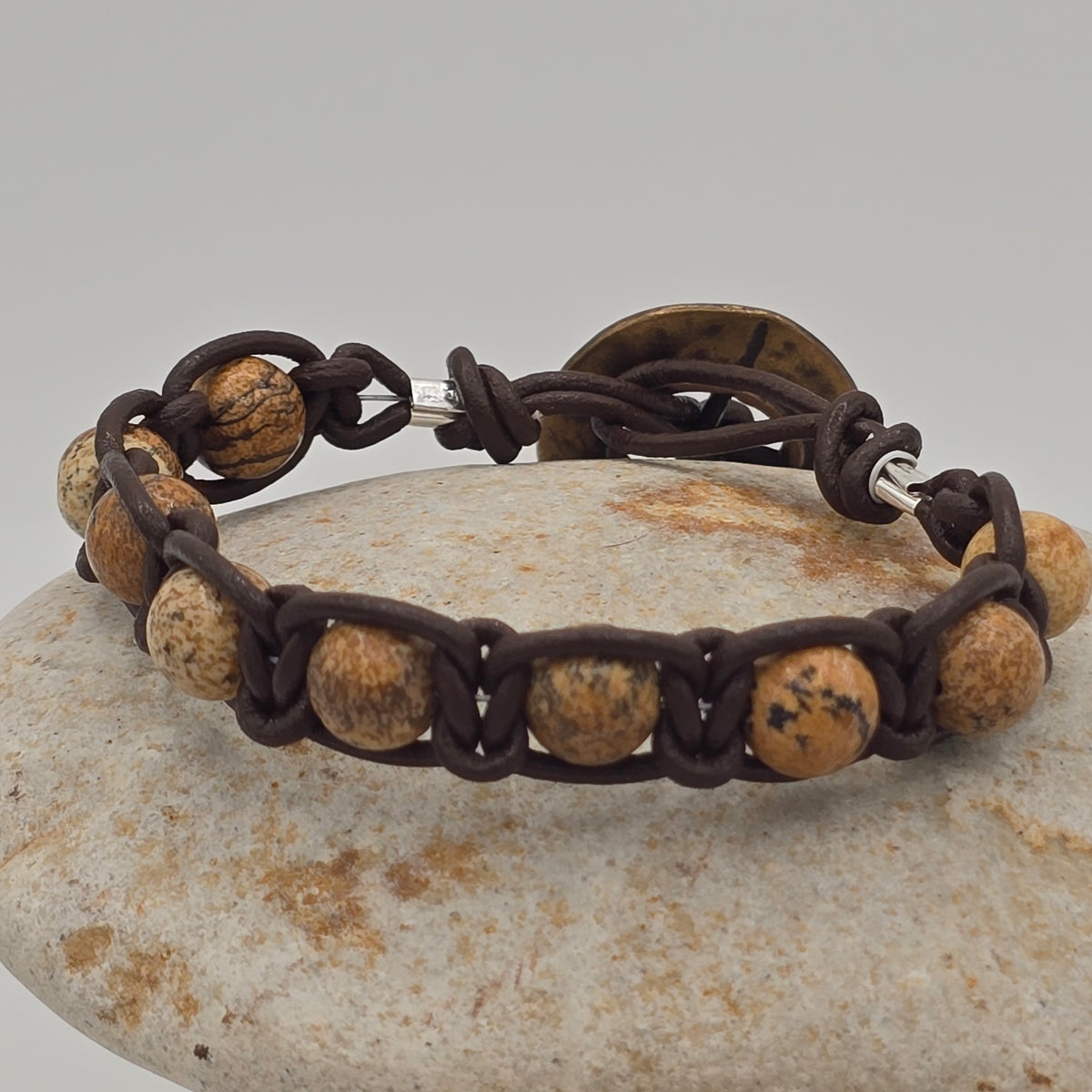 Picture Jasper & Dark Brown Leather Macrame With Nautical Button