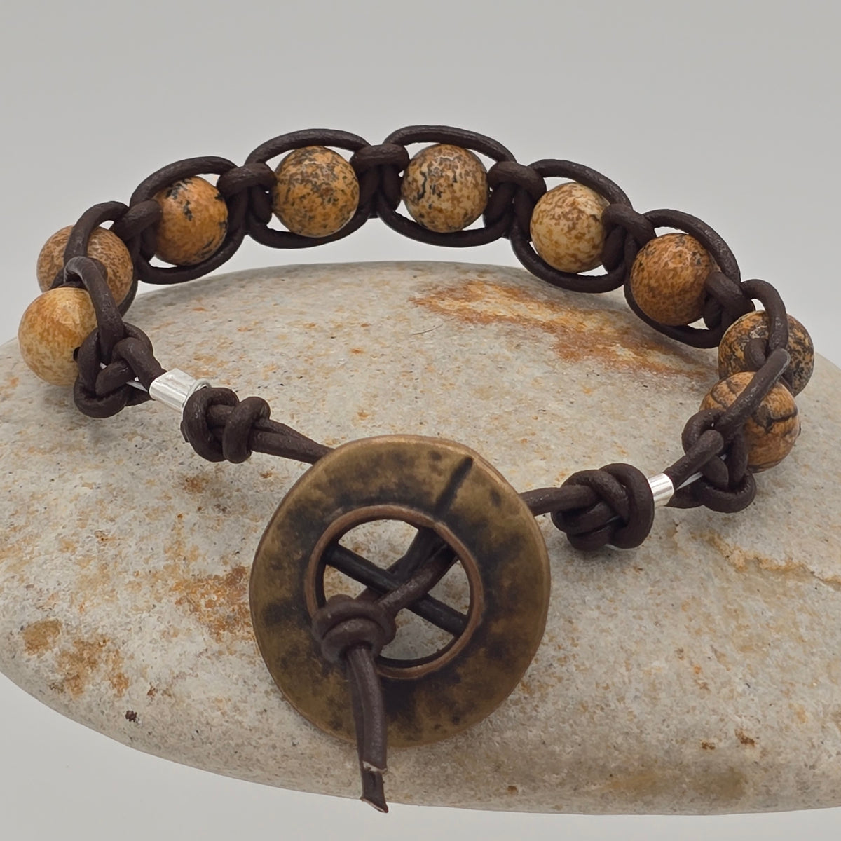Picture Jasper & Dark Brown Leather Macrame With Nautical Button