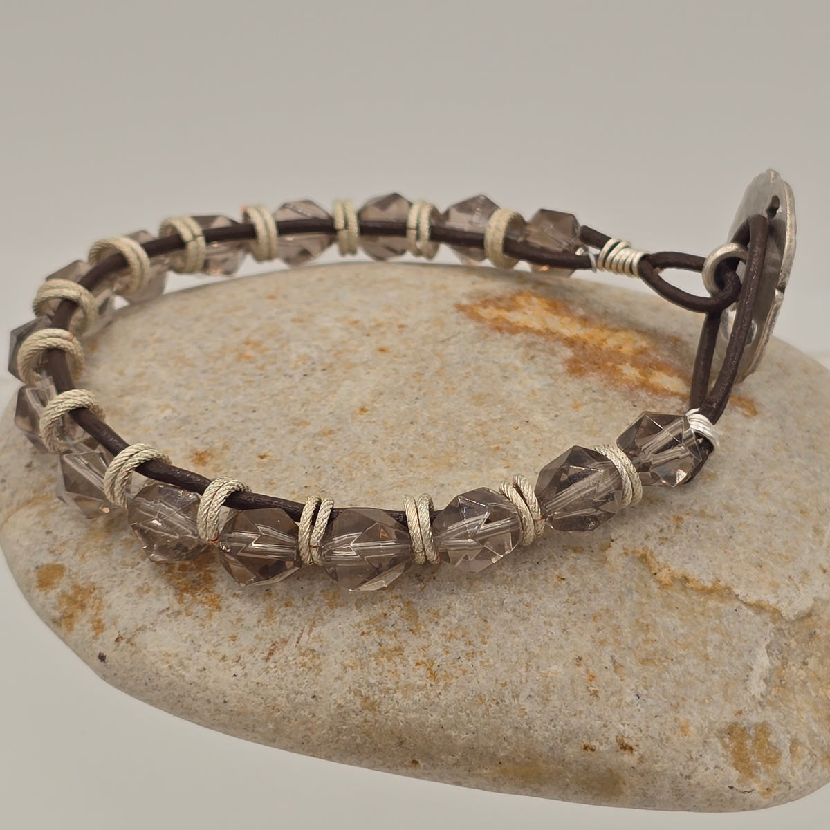 Smoky Quartz on Dark Brown Leather and Silver Tone Goddess Button