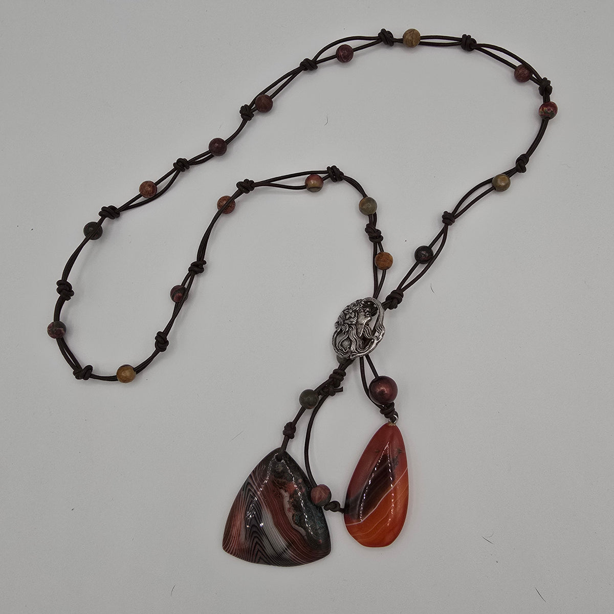 Dual Focal Stones of Banded Agate, Leather & Jasper Adjustable Length Necklace