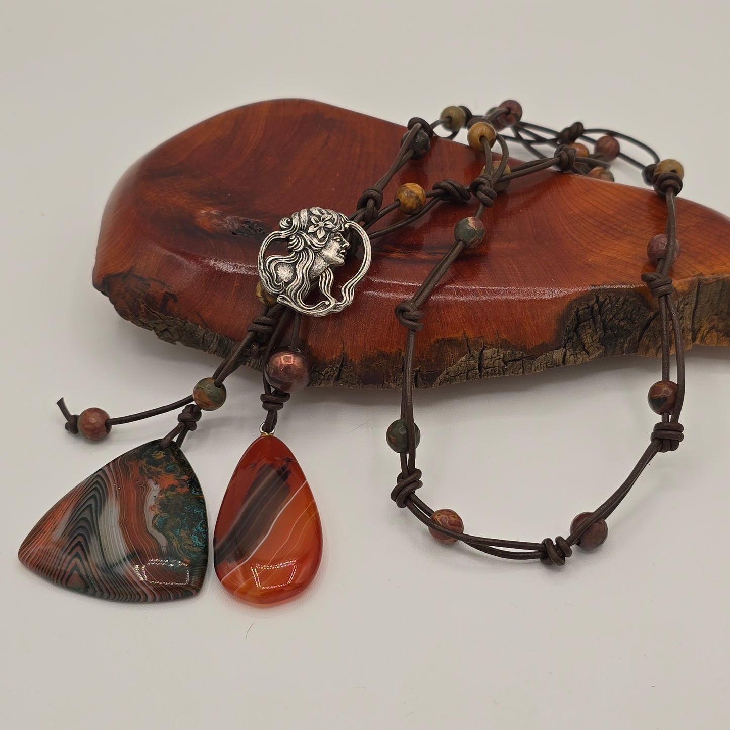 Dual Focal Stones of Banded Agate, Leather & Jasper Adjustable Length Necklace