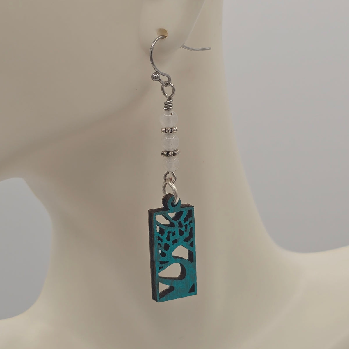 Laser Cut Wood "Trees" Painted Teal Blue & White Quartzite on Stainless Steel Ear Wires