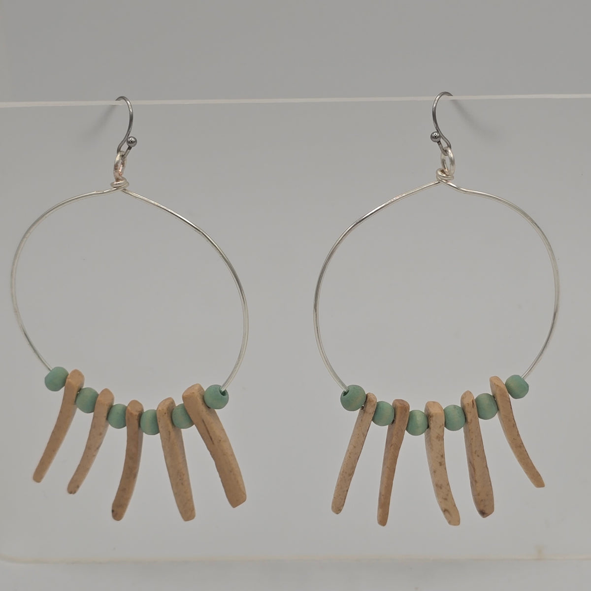 Large Wire Hoop Earrings With Cream Spikes & Blue Rounds on Stainless Ear Wires