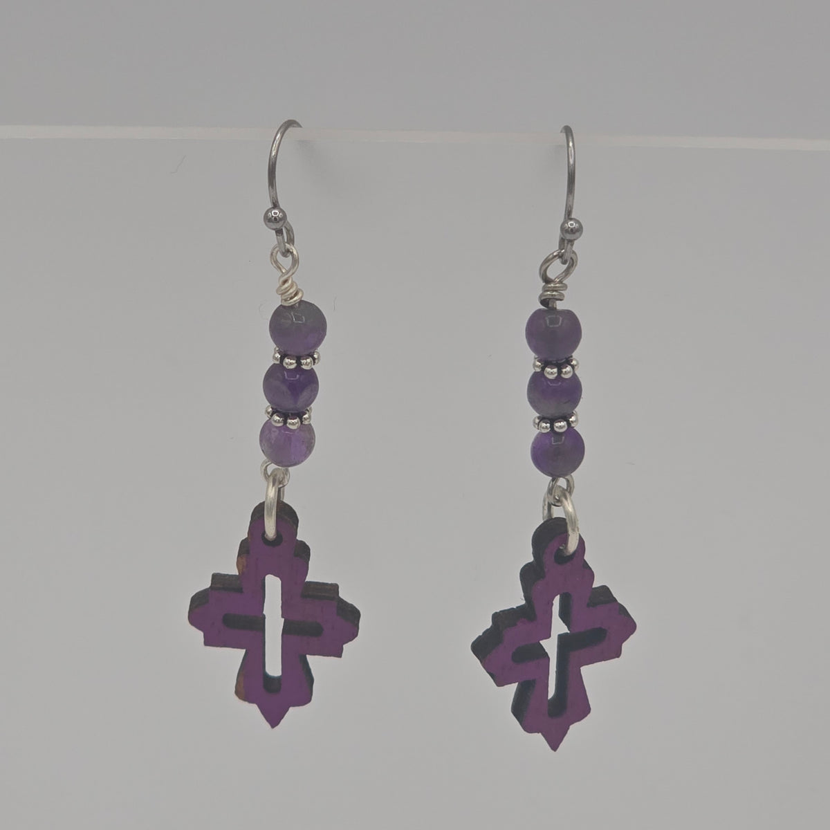 Laser Cut Wood Earrings in Purple Cross & Amethyst Beads on Stainless Steel Ear Wires
