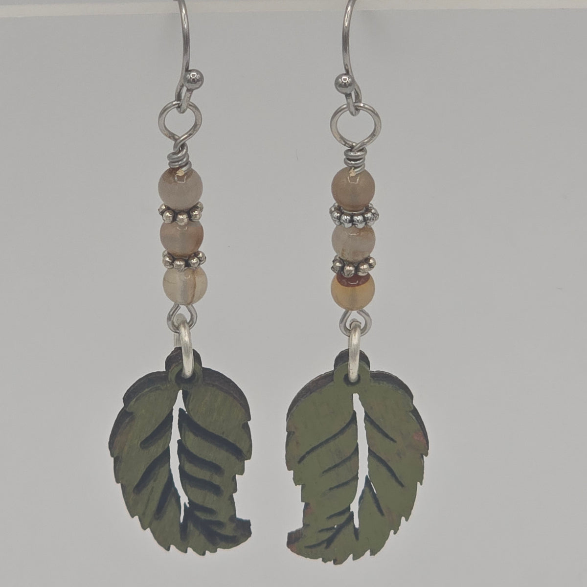 Laser Cut Wood Leaves Painted Olive Green With Carnelian on Stainless Steel Ear WIres