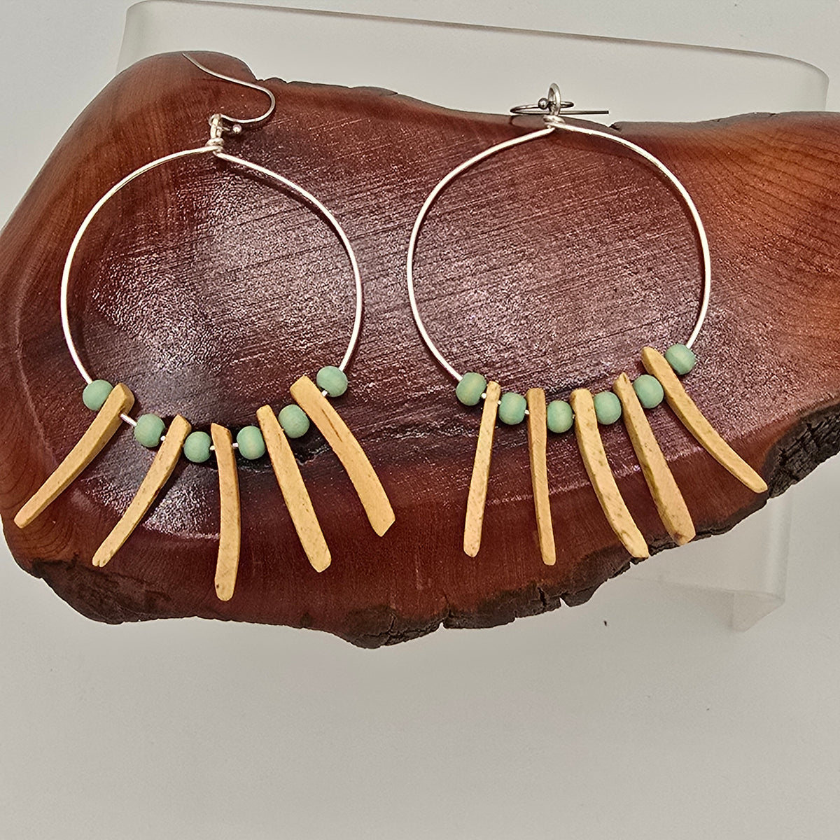 Large Wire Hoop Earrings With Cream Spikes & Blue Rounds on Stainless Ear Wires