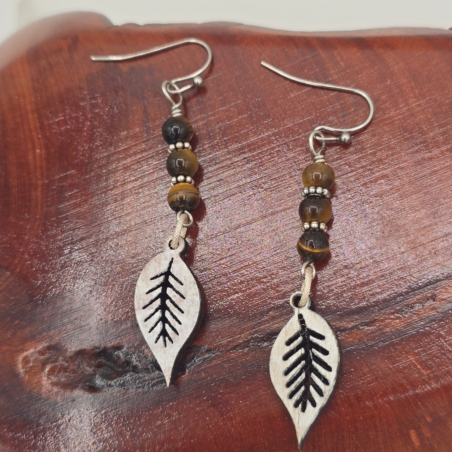 Laser Cut Wood Leaves Painted White Marble With Tiger's Eye on Stainless Steel Ear Wires