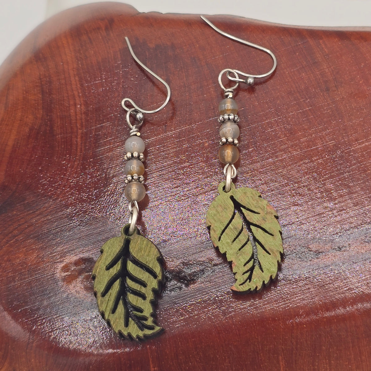 Laser Cut Wood Leaves Painted Olive Green With Carnelian on Stainless Steel Ear WIres