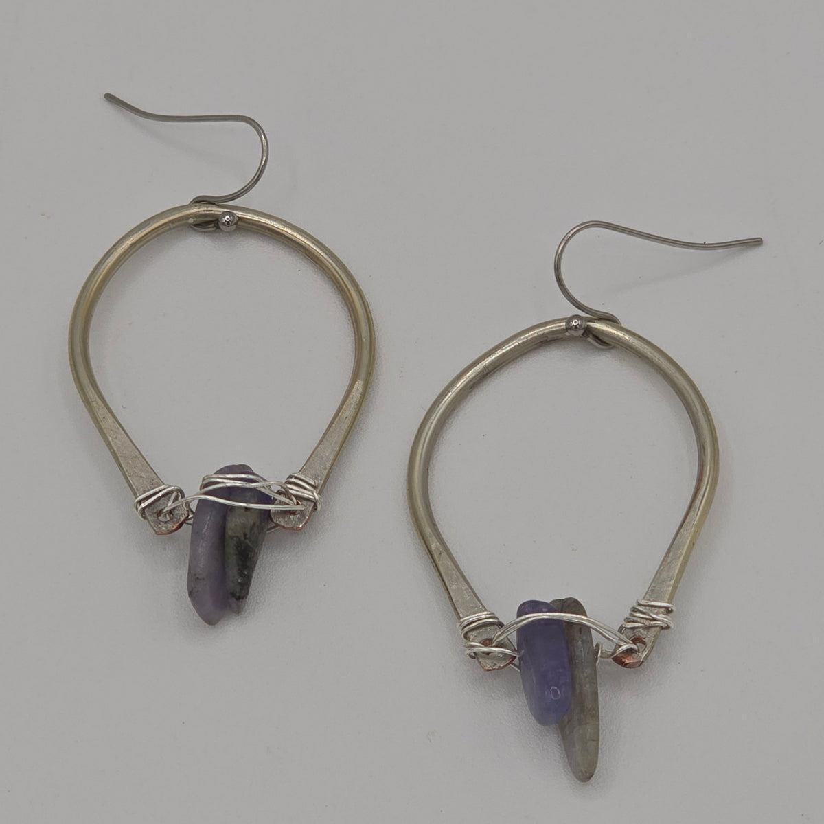 Tanzanite Teeth on Hammered Hoops on Stainless Steel Ear Wires