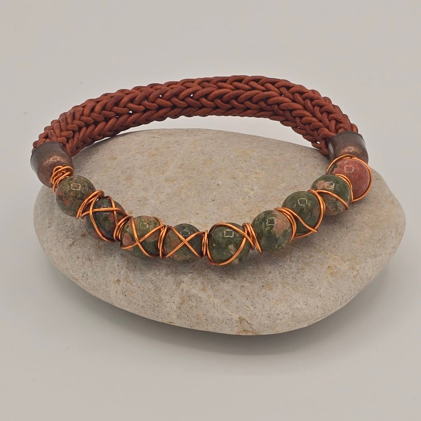 Handmade Jewelry; Medium Brown Leather; Viking Knit; Copper-Wrapped Unakite Stones; Tina Lucas; The Cool Collective; Woman-Owned Small Business