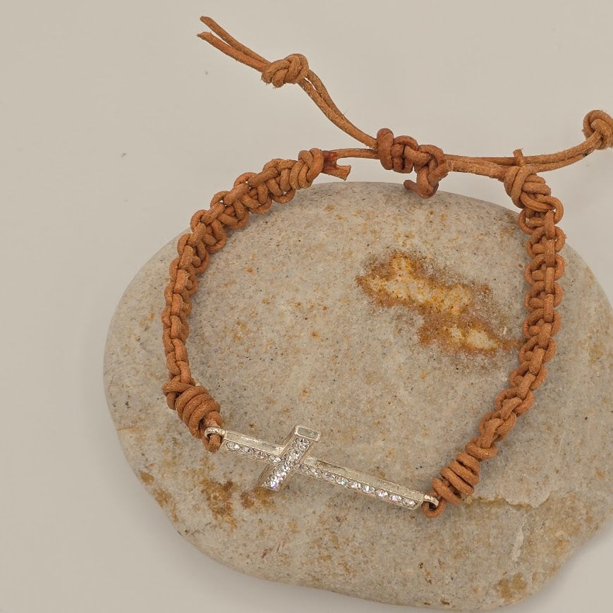 Handmade Jewelry; Sparkle Cross on Natural Tan Leather with Adjustable Closure; Tina Lucas; The Cool Collective; Woman-Owned Small Business