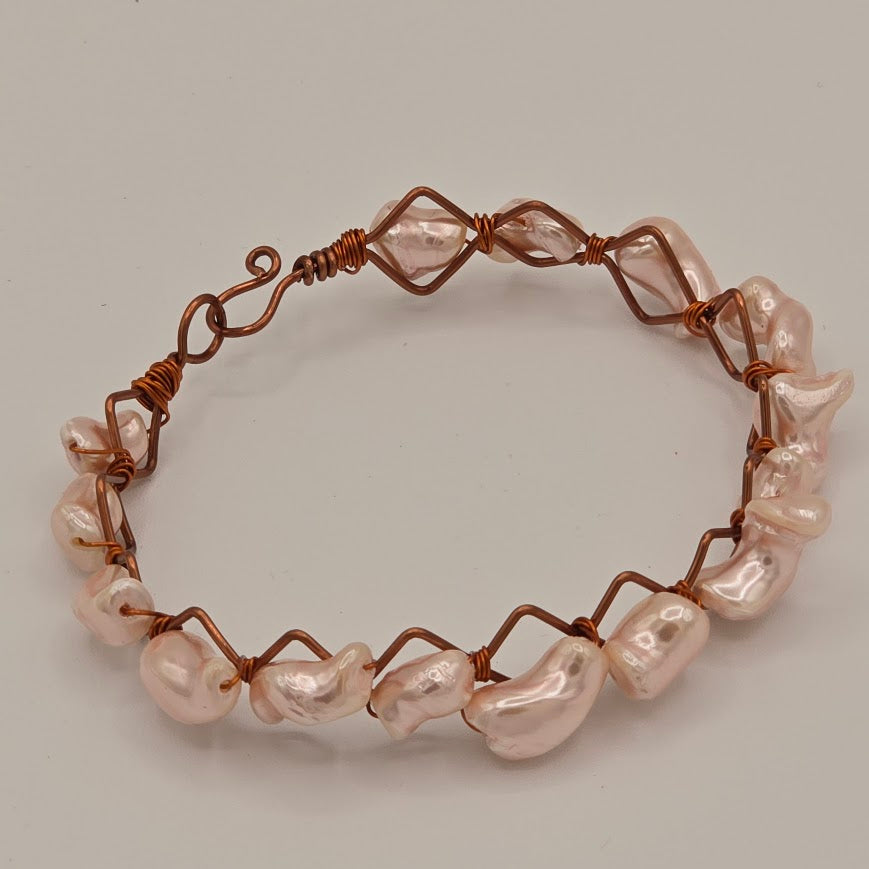 Pink-Peach Pearls Wire Wrapped on a Copper Frame Bangle Bracelet