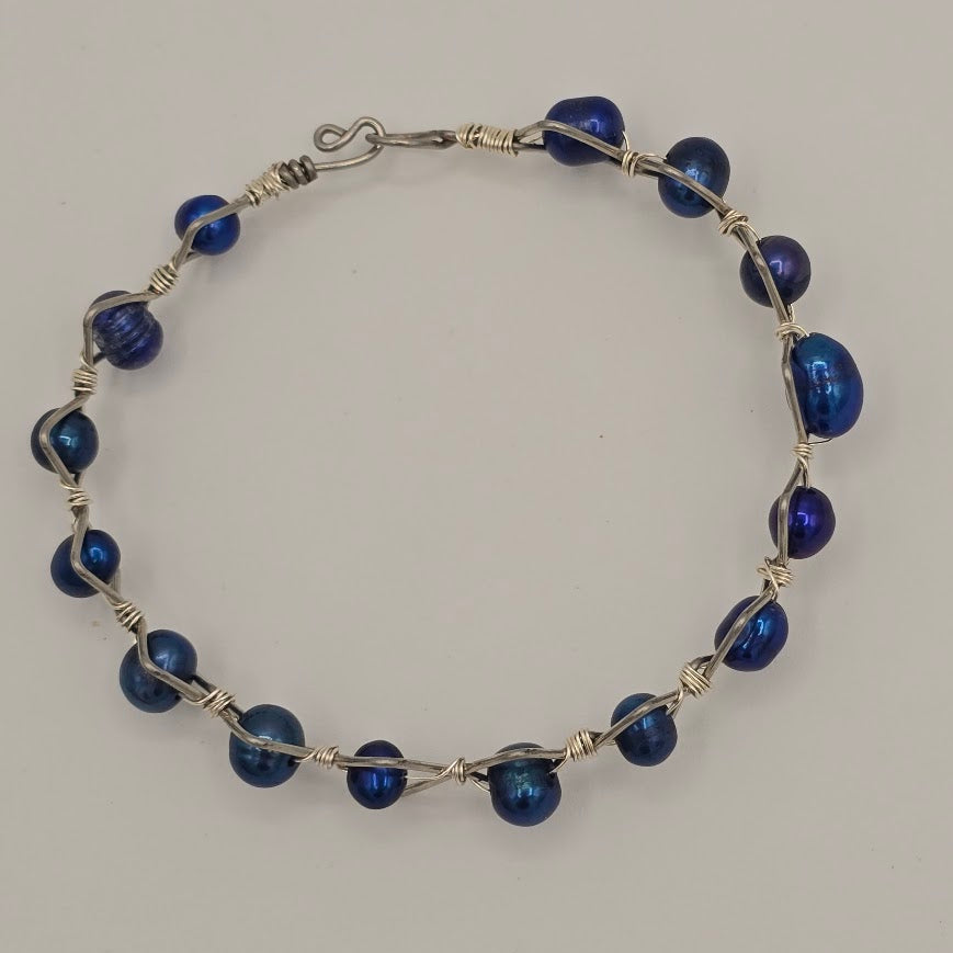 Handmade Jewelry; Royal Blue Freshwater Pearls Bangle Bracelet on Unique Silver Tone Wire Frame; Tina Lucas; The Cool Collective; Woman-Owned Small Business