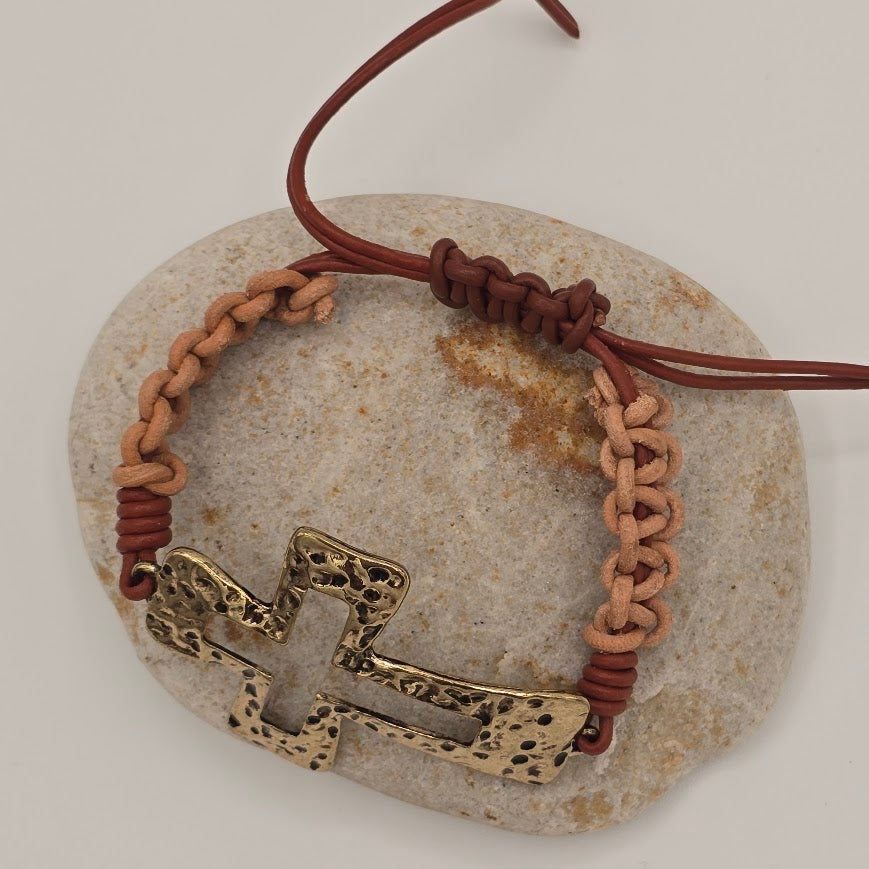 Handmade Jewelry; Hammered Gold Tone Cross on Two Tone Leather with Adjustable Closure; Tina Lucas; The Cool Collective; Woman-Owned Small Business
