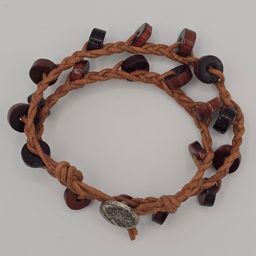 Braided Natural Tan Leather Double Wrap Bracelet with Red Tiger's Eye and Tree of Life Button Closure