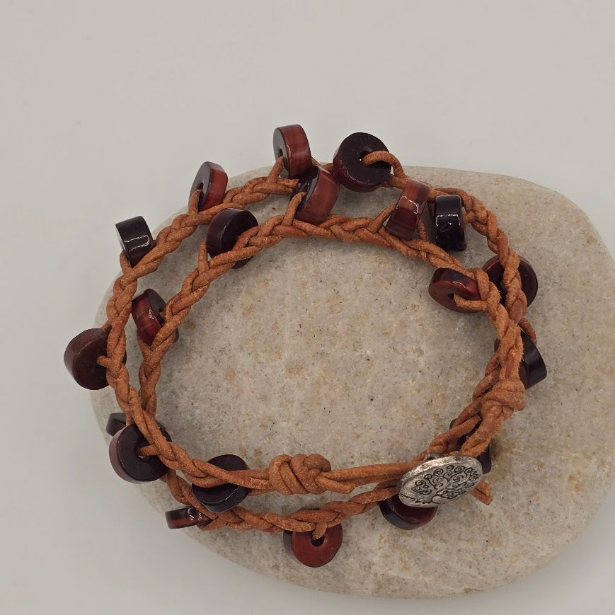 Braided Natural Tan Leather Double Wrap Bracelet with Red Tiger's Eye and Tree of Life Button Closure