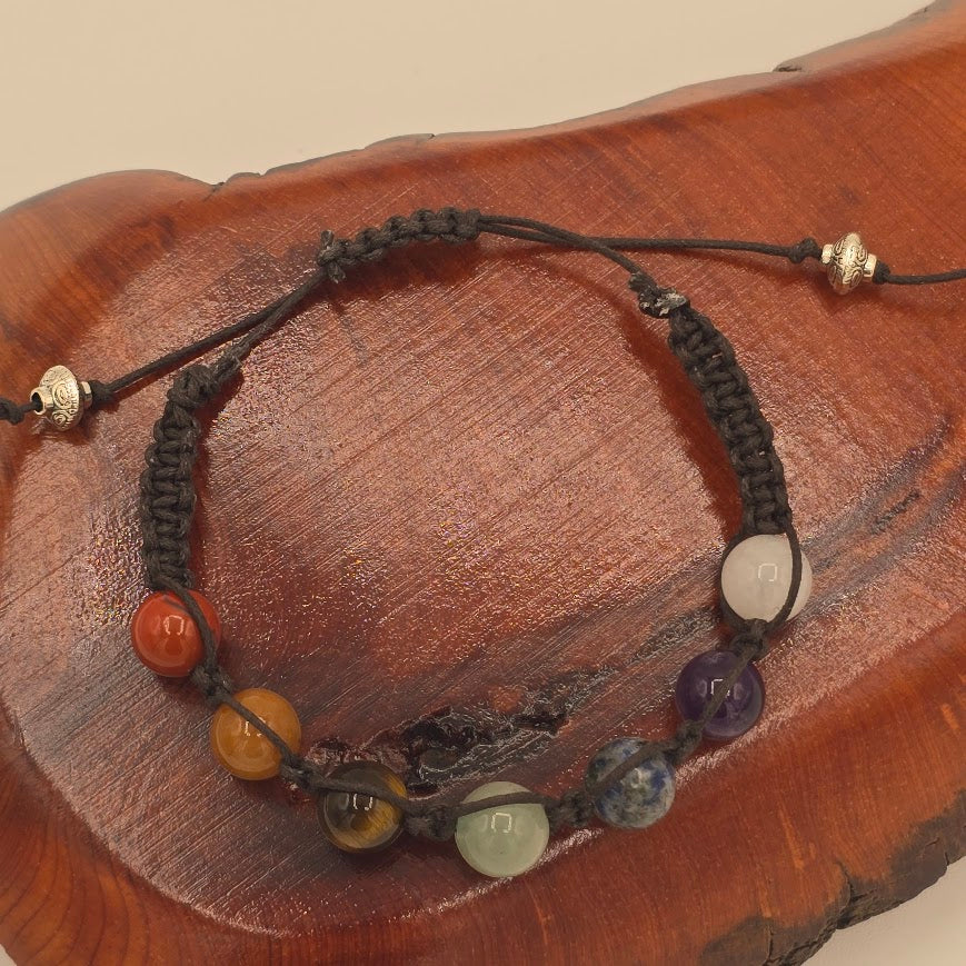Handmade Jewelry; Chakra Bracelets; Brown Cotton Cord; Adjustable Style; Silver Tone Accents; Tina Lucas; The Cool Collective; Woman-Owned Small Business