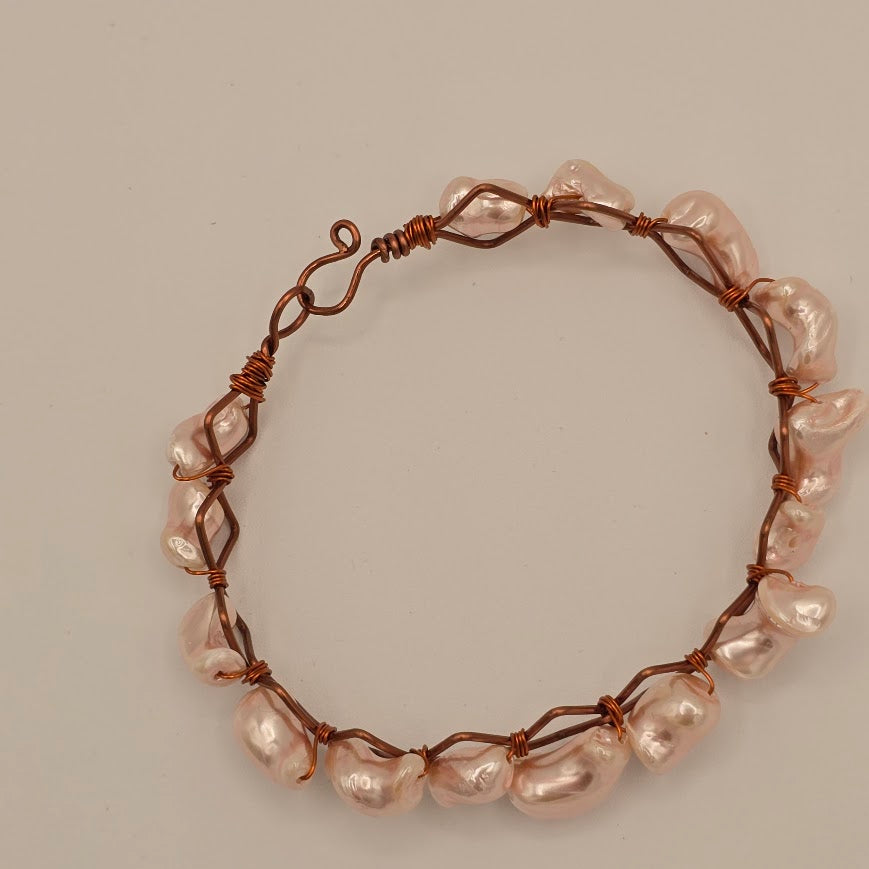 Pink-Peach Pearls Wire Wrapped on a Copper Frame Bangle Bracelet